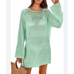 Anrabess Crochet Mint Green Cover Up Long Sleeve Mini Dress Women’s Medium